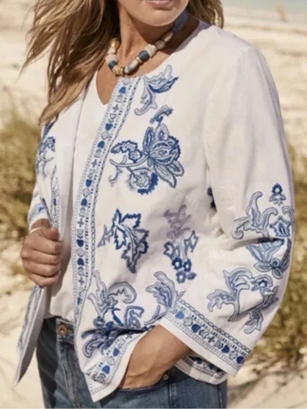 J. Jill White Blue Embroidered Boho Cotton Blend  Open Jacket Plus 2X NEW